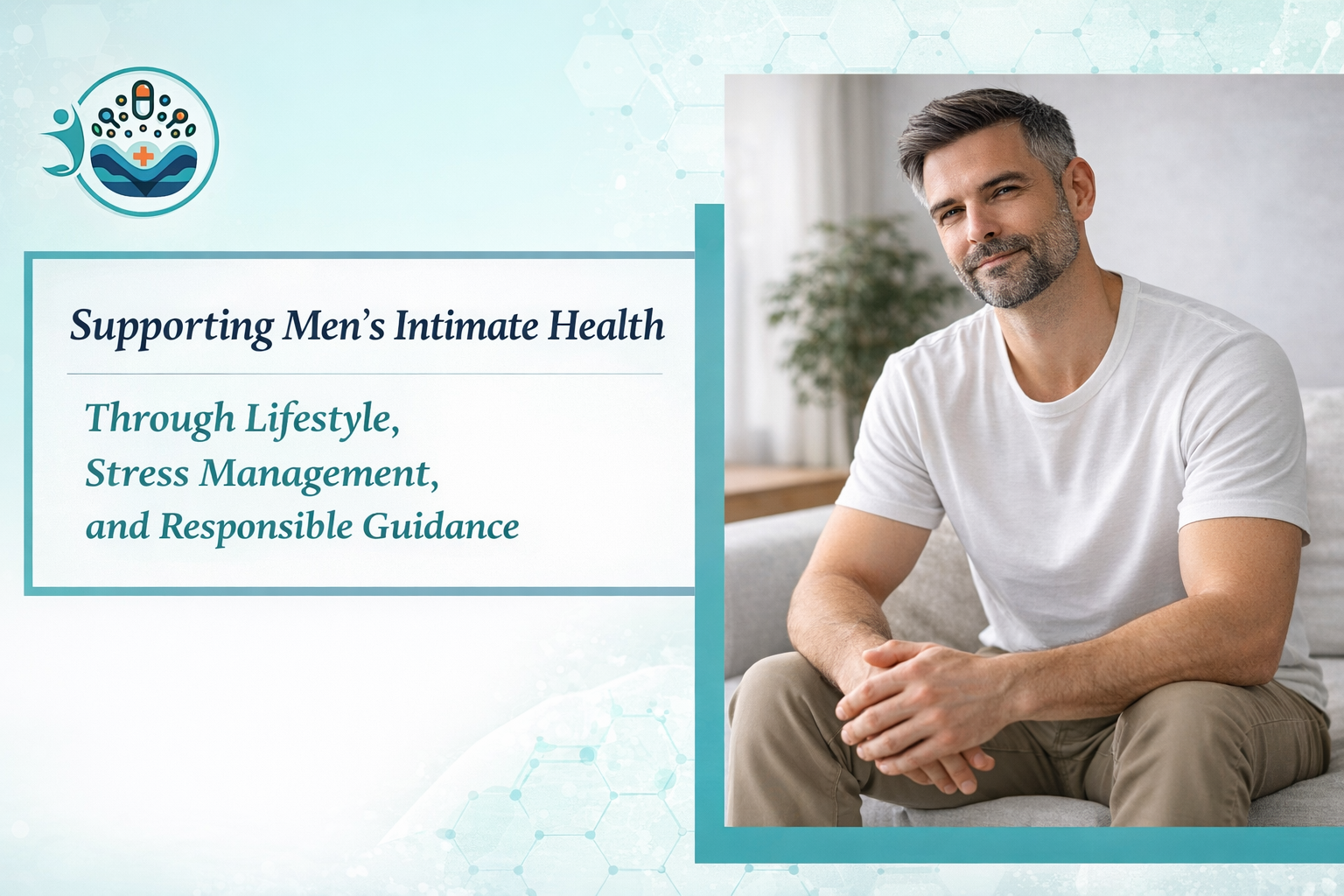 Goodmedzusa- Intimate health awareness graphic showing a confident adult man in a modern home setting representing balanced lifestyle, stress management, and men’s intimate health support.