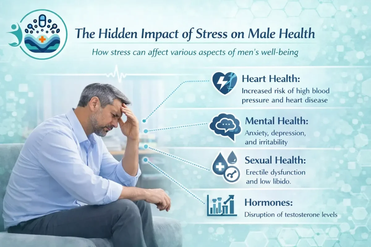 Goodmedzusa themed intimate health awareness graphic in soft teal and modern medical design style showing a calm adult man symbolizing lifestyle balance, stress management, and men’s intimate health support.
