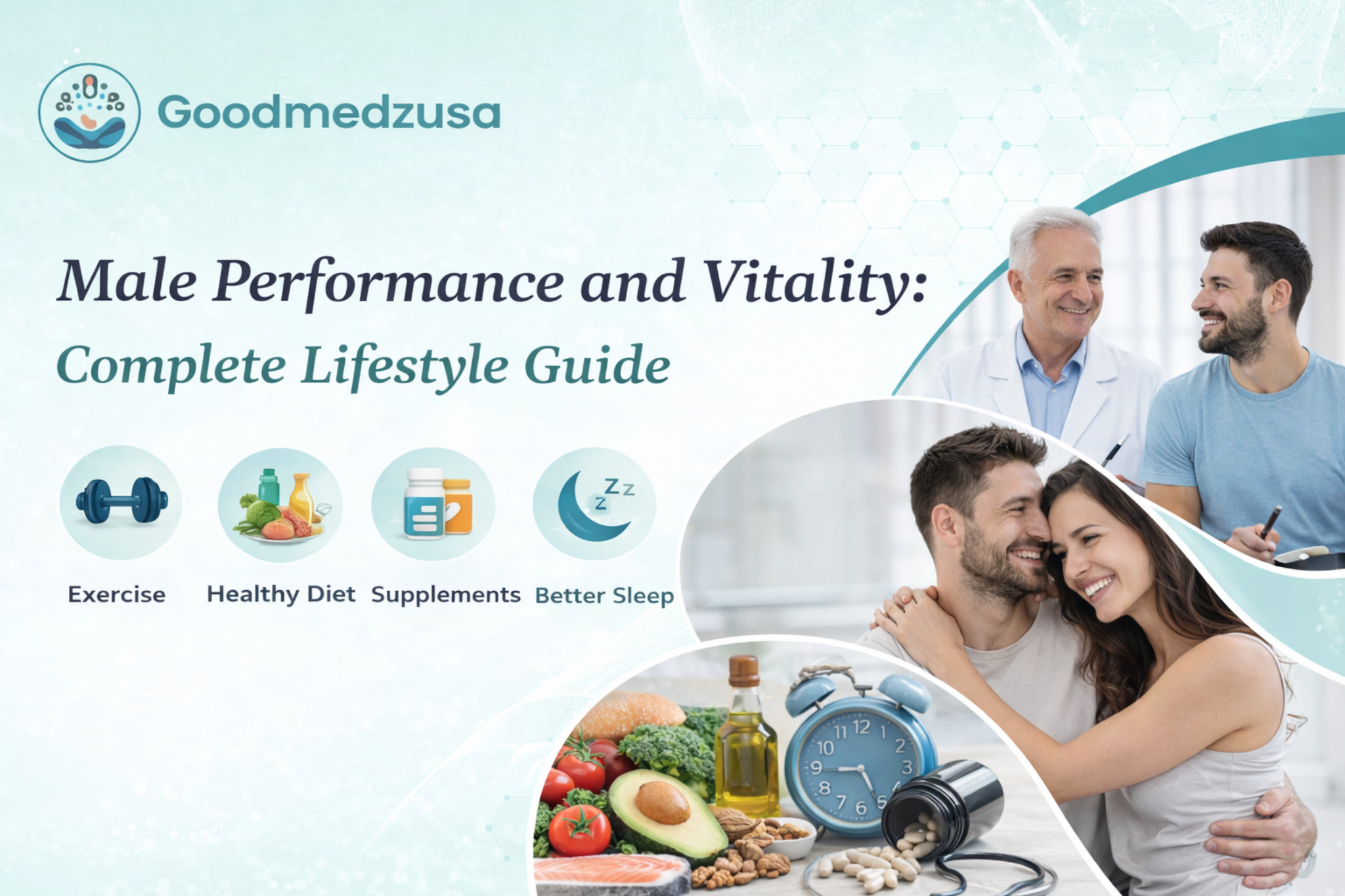 Complete lifestyle guide for improving male performance with exercise, healthy diet, supplements, and better sleep