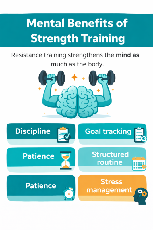 Infographic titled “Mental Benefits of Strength Training” showing a brain lifting dumbbells with listed benefits including discipline, goal tracking, patience, structured routine, and stress management in teal and orange color palette for GoodMedzUSA.