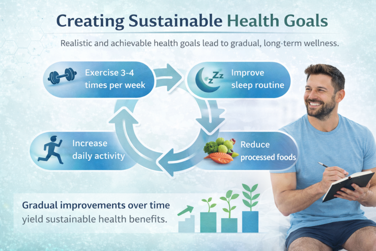 Sustainable health goals for long-term wellness including exercise, improved sleep routine, increased activity, and reducing processed foods.