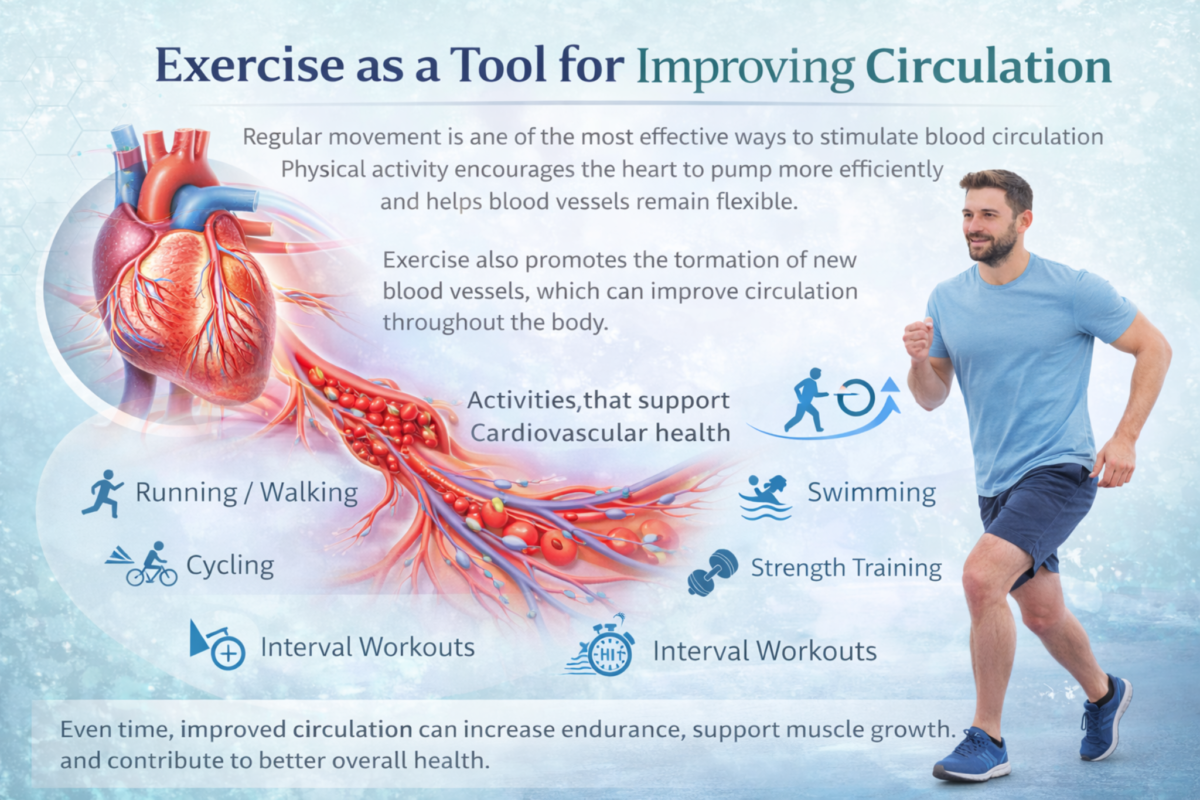 Exercise activities like running, cycling, swimming, and strength training helping improve blood circulation and heart health.