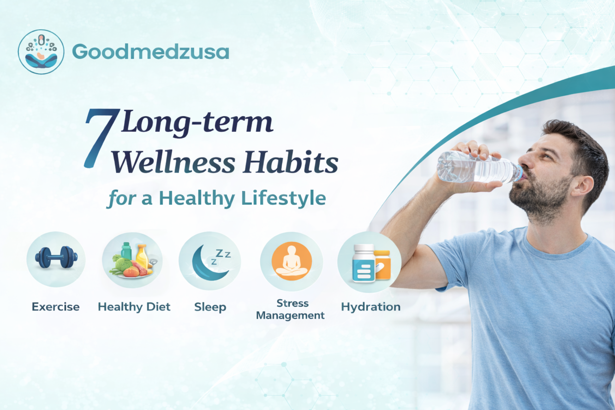 Long-term wellness habits including exercise, healthy diet, sleep, stress management, and hydration for a healthy lifestyle.
